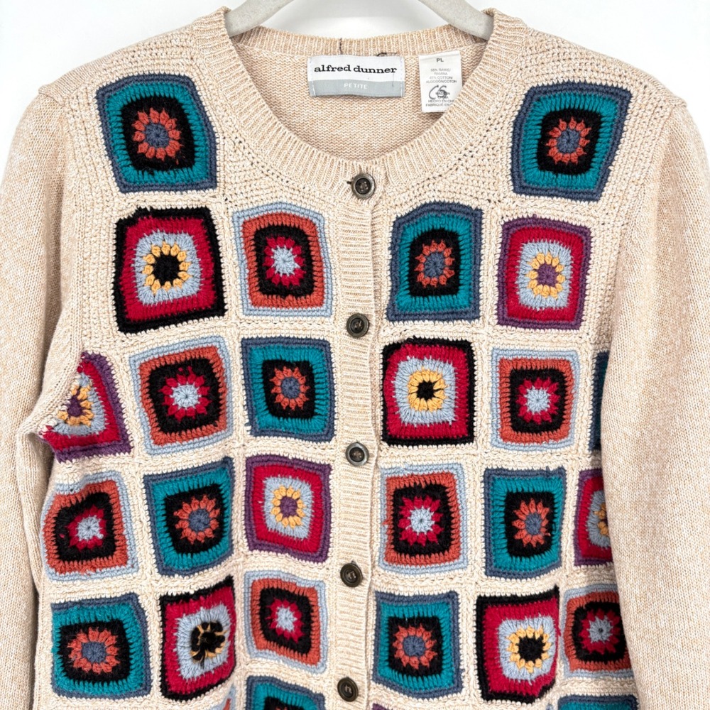 Alfred Dunner Petite Granny Square Crochet Cardigan Sweater Beige Sz PL - Picture 6 of 12